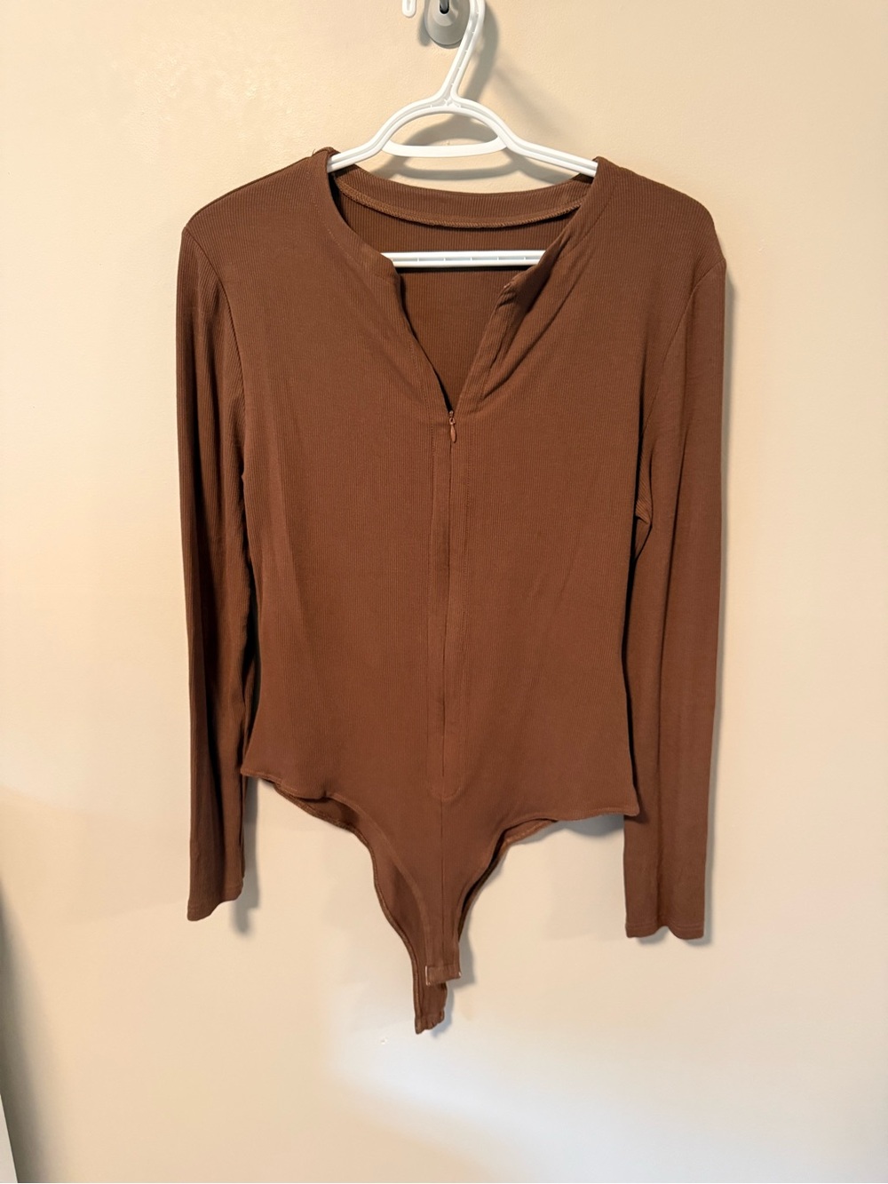 Women's Long-Sleeve Brown Ribbed Bodysuit